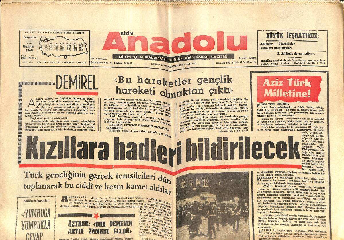 Bizim Anadolu Gazetesi 12 Haziran 1969 - Kızıllara Hadleri Bildirilecek - İTÜ'de Dün İşgal Edildi - Anarşistler Ankara'yı Birbirine Kattı GZ141013 - 1