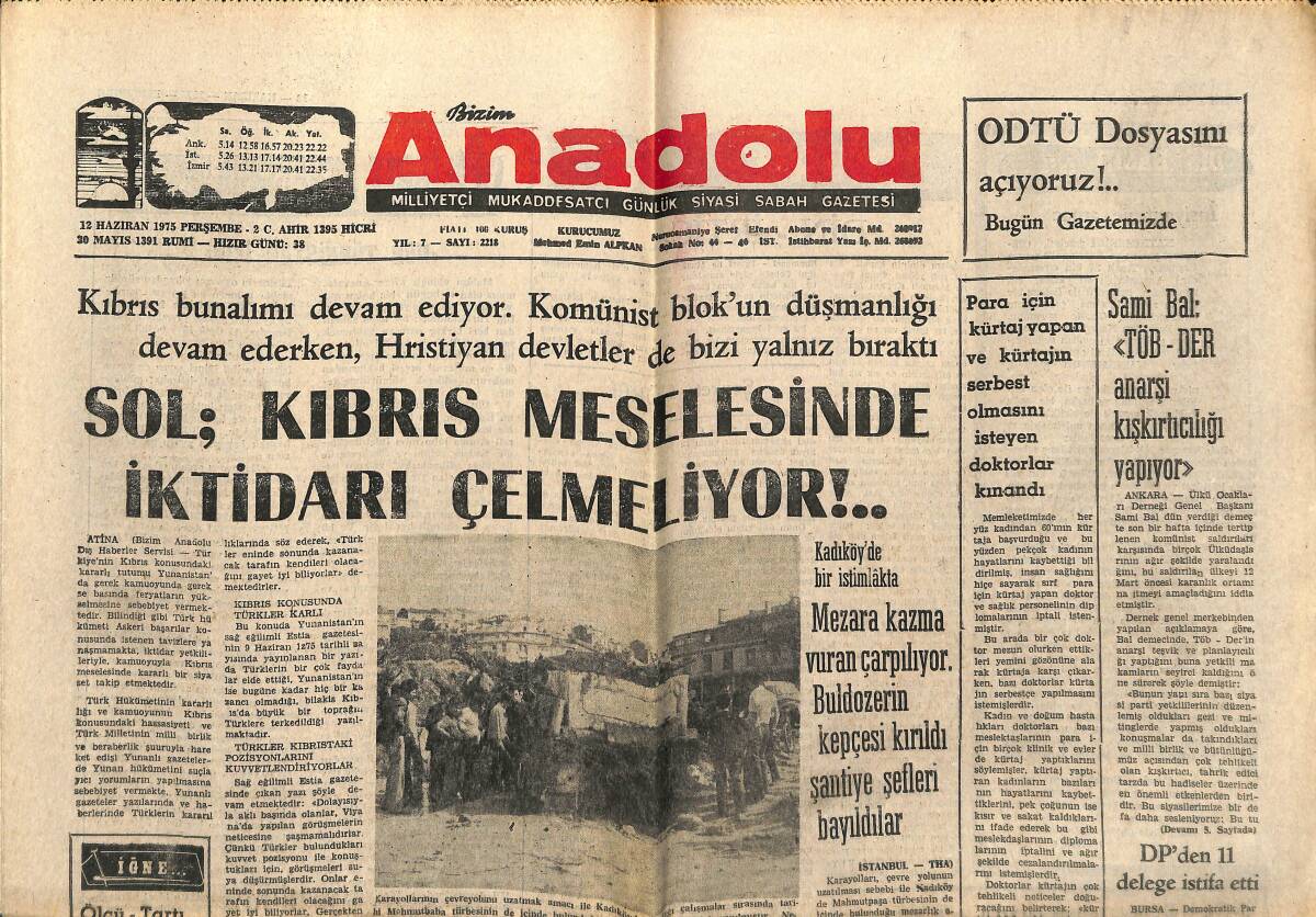 Bizim Anadolu Gazetesi 12 Haziran 1975 - Sol; Kıbrıs Meselesinde İktidarı Çelmeliyor! - Komünistlerin ODTÜ'Nİ İşgal Planı GZ140655 - 1