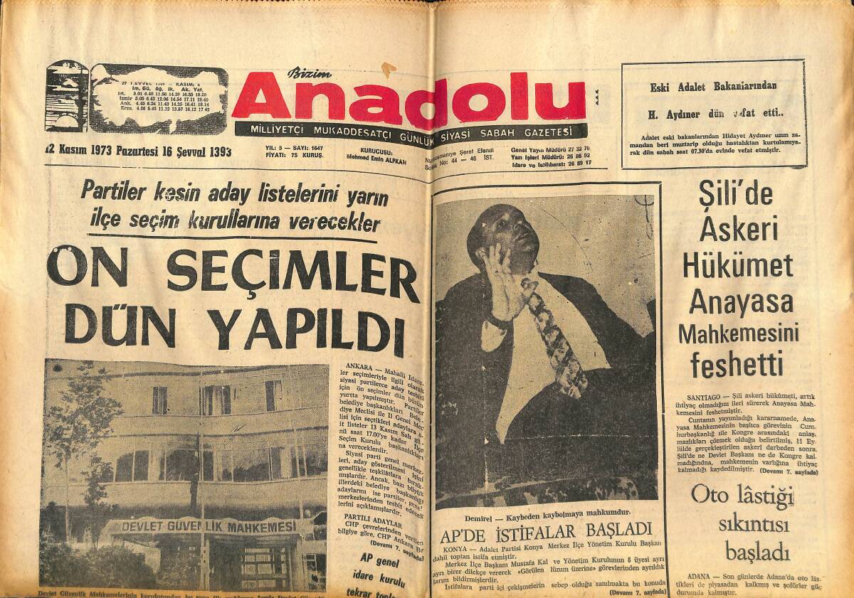 Bizim Anadolu Gazetesi 12 Kasım 1973 - AP'de İstifalar Başladı - İsrail Son Savaşta 345 Uçak Kaybetti GZ141049 - 1
