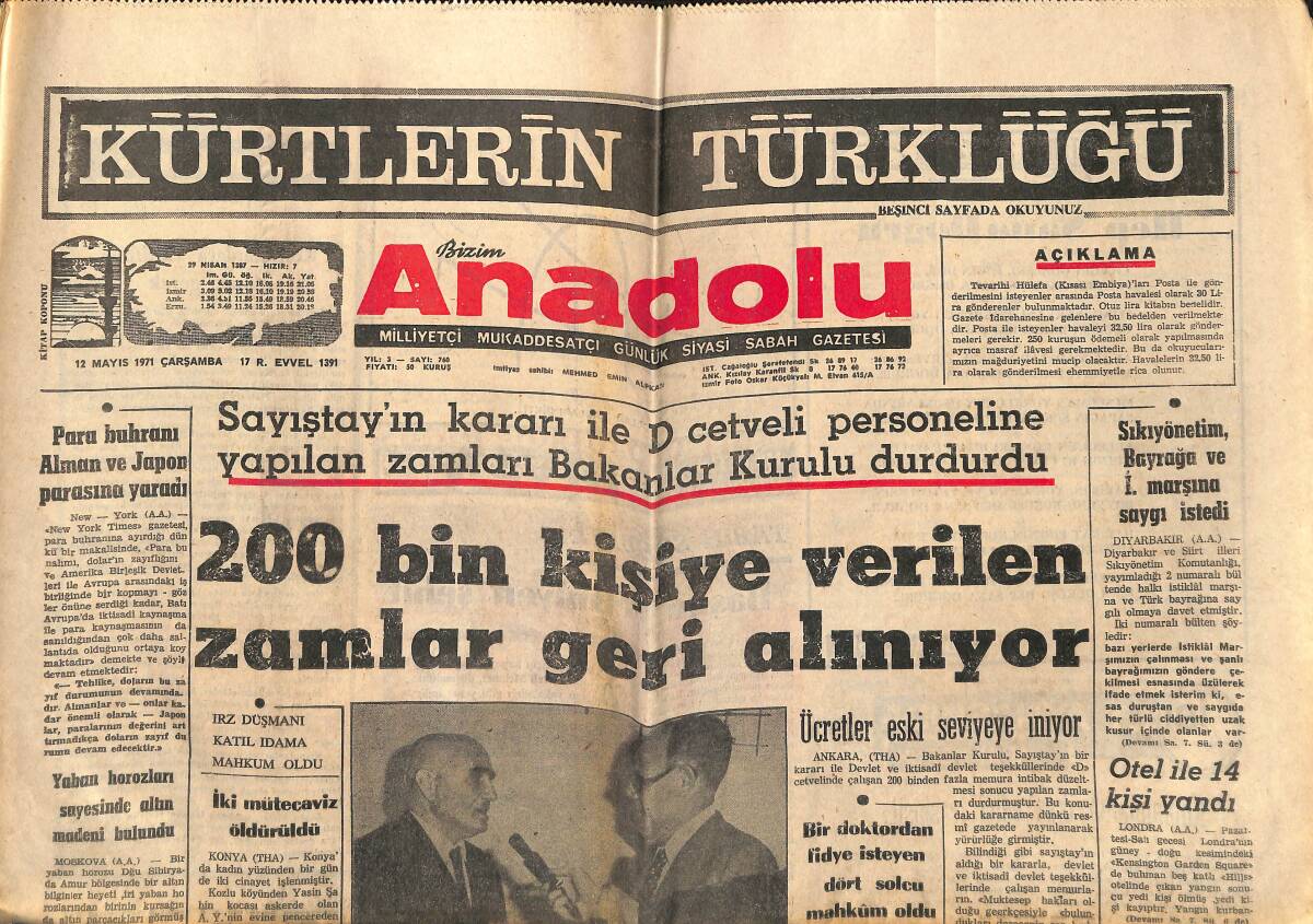 Bizim Anadolu Gazetesi 12 Mayıs 1971 - 200 Bin Kişiye Verilen Zamlar Geri Alınıyor - Yurt Dışına İşçi Kaçıran 24 Şebeke Yakalandı GZ140692 - 1