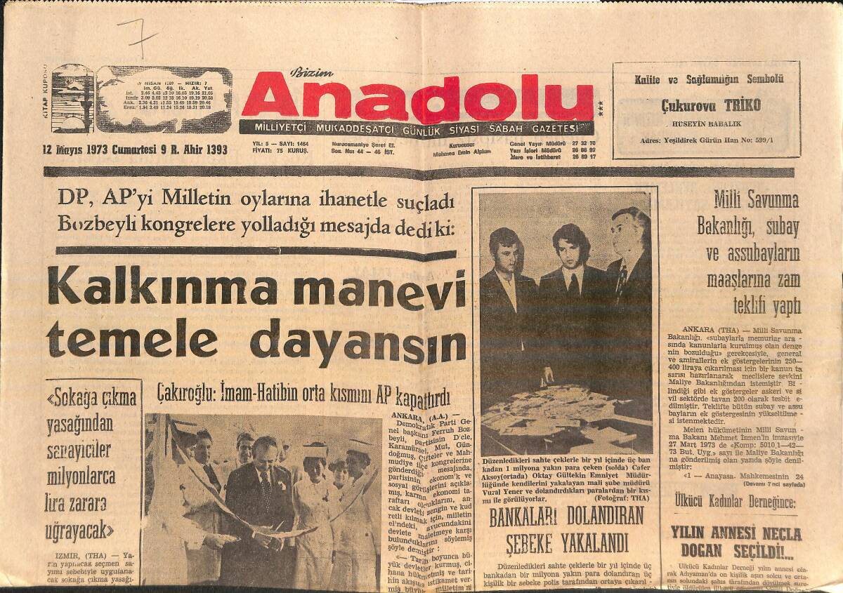 Bizim Anadolu Gazetesi 12 Mayıs 1973 - Yılın Annesi Necla Doğan Seçildi - Rus Zulmünden Kaçıp Türkiye'ye Gelen Türkistanlı Çocuklar Mahkumlara Moral Verdi GZ138992 - 1