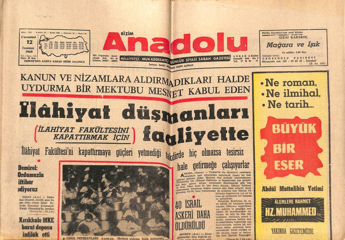 Bizim Anadolu Gazetesi 12 Temmuz 1969 - Apollo-11 İçin Dün Geri Sayma Başladı - İlahiyat Düşmanları Faaliyette GZ140788 - 1