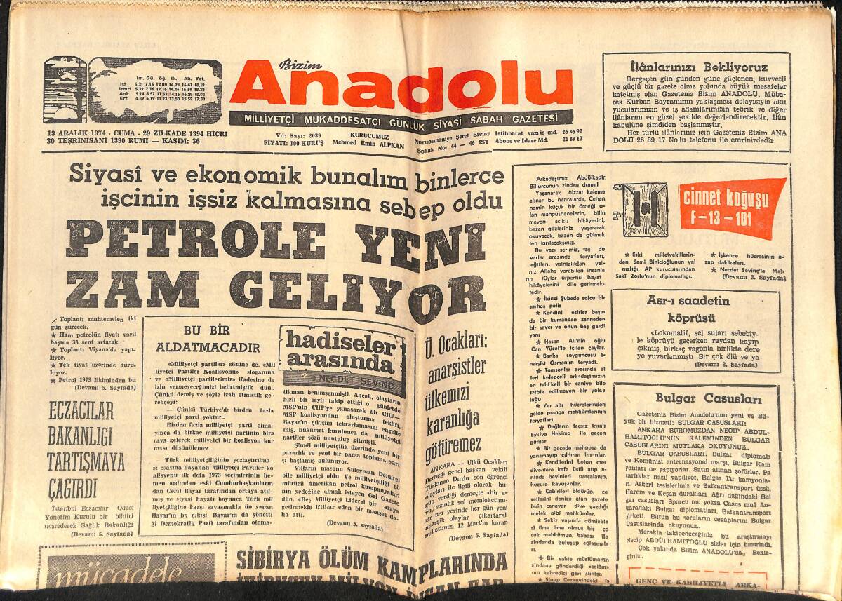 Bizim Anadolu Gazetesi 13 Aralık 1974 - Petrole Yeni Zam Geliyor - Türkçenin Tarihi Gelişmesi GZ141012 - 1