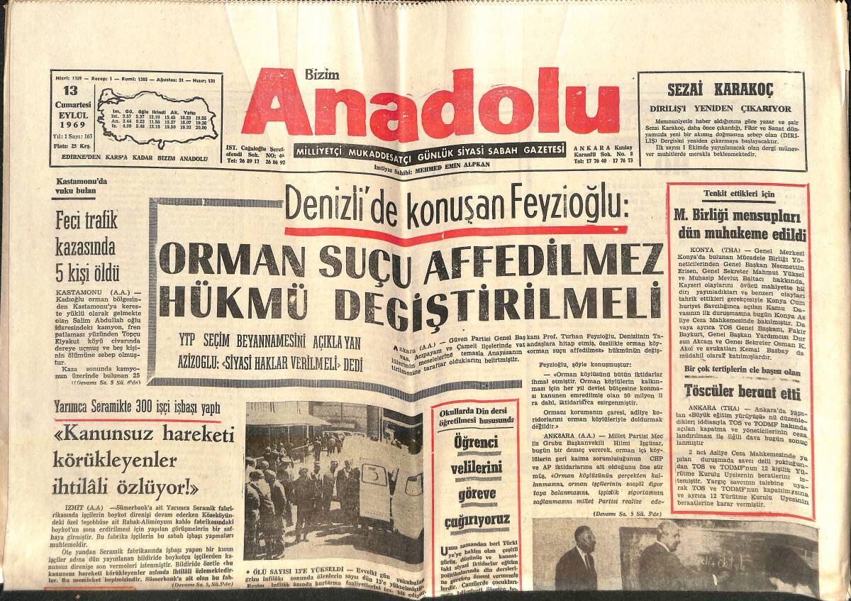 Bizim Anadolu Gazetesi 13 Eylül 1969 - İslam Zirve Toplantısına Türkiye'de Davet Edildi - Galatasaray Walerford'a Hazırlanıyor GZ141015 - 1