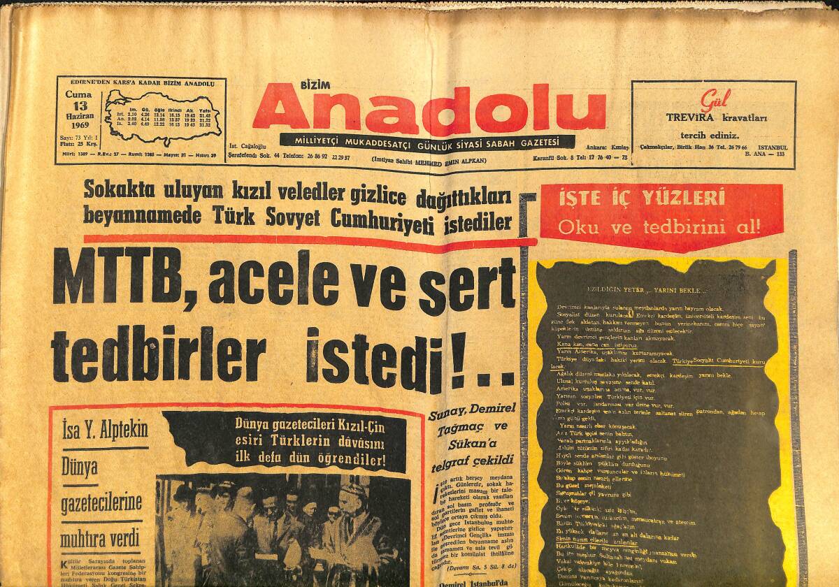 Bizim Anadolu Gazetesi 13 Haziran 1969 - Kırkpınar Güreşleri Başladı - Türkeş: Türkiye NATO'ya Girmemekle İsabet Etmiştir GZ149836 - 1