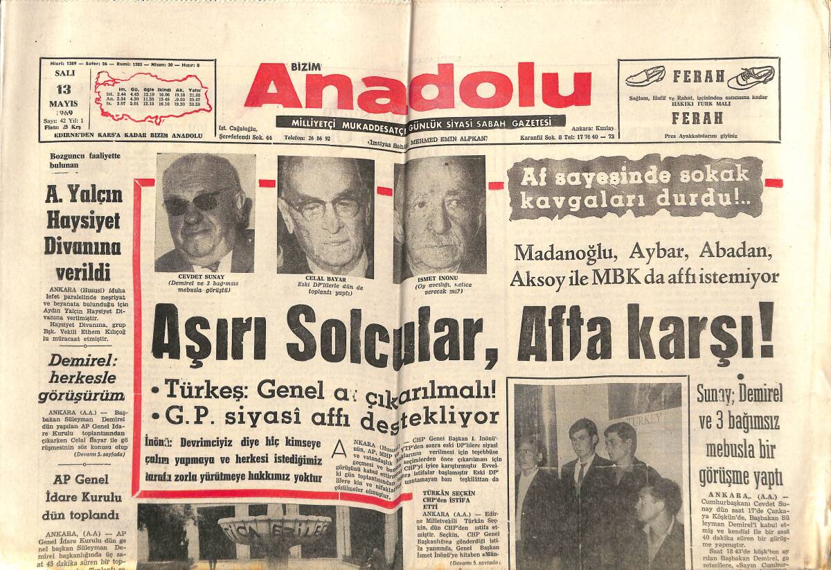Bizim Anadolu Gazetesi 13 Mayıs 1969 - Amerika , Ürdün'e Dün 18 Uçak Verdi - Galatasaray'da Sevinç Es Es'lerde Matem Var GZ141070 - 1