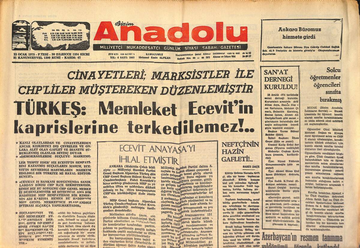 Bizim Anadolu Gazetesi 13 Ocak 1975 - Türkeş : Memleket Ecevit'in Kaprislerine Terkedilemez !.. GZ158712 - 1