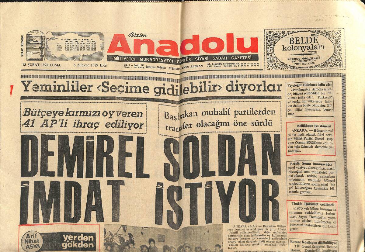Bizim Anadolu Gazetesi 13 Şubat 1970 - Demirel Solda İmdat İstiyor - Galatasaray Bayramı Göztepe İle Kutluyor - Niçin Darendelioğlu? GZ140712 - 1