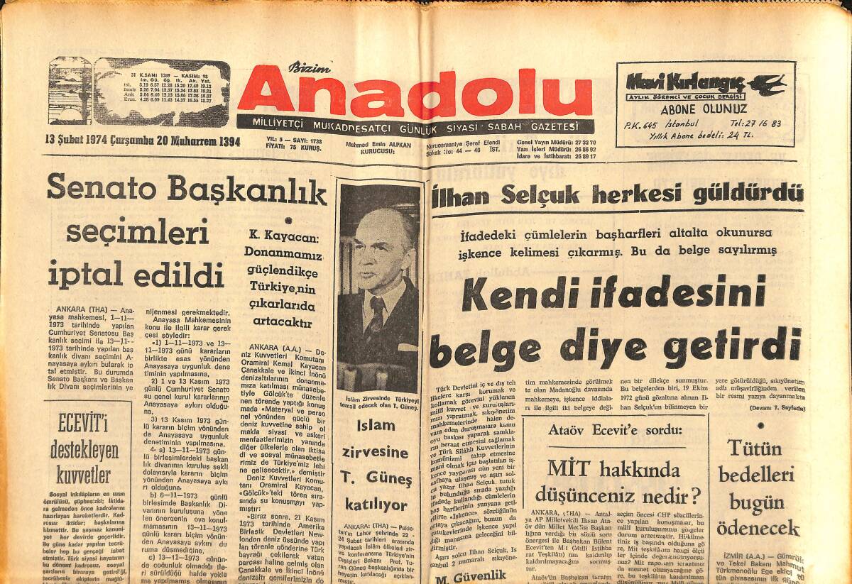 Bizim Anadolu Gazetesi 13 Şubat 1974 - İlhan Selçuk Herkesi Güldürdü - Zengin Giyinimli Rus'lar Ve Fakir Türk Yavruları GZ140747 - 1