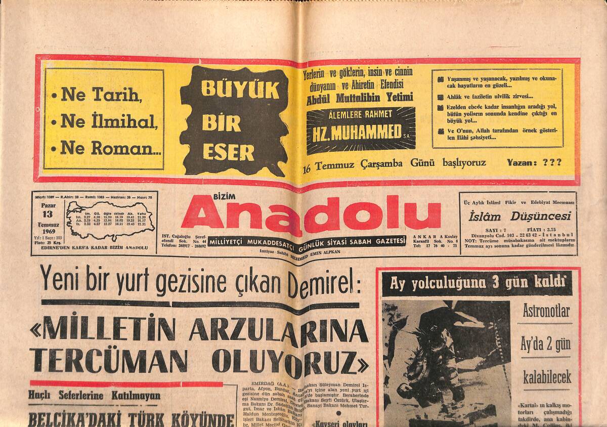 Bizim Anadolu Gazetesi 13 Temmuz 1969 - Muhammed Ali Clay '' Dünyanın Sonu Geldi '' - Ay Yolculuğuna 3 Gün Kaldı GZ140789 - 1