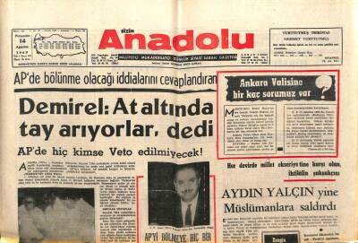Bizim Anadolu Gazetesi 14 Ağustos 1969 - Demirel,At Altında Tay Arıyorlar GZ103337 - 2