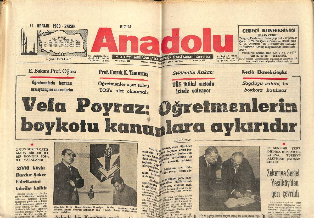 Bizim Anadolu Gazetesi 14 Aralık 1969 - Vefa Poyraz: Öğretmenlerin Boykotu Kanunlara Aykırıdır - Bilgiç'in Evi Kundaklandı GZ140703 - 1