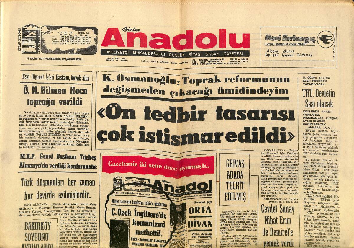 Bizim Anadolu Gazetesi 14 Ekim 1971 - İngiltere Kraliçesinin Yüzen Sarayı - Bir Uçak Daha Küba'ya Kaçırılmış GZ149839 - 1