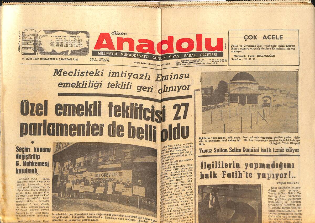 Bizim Anadolu Gazetesi 14 Ekim 1972 - İngilizlerin Yapamadığını Halk Fatih'te Yapıyor - Kıbrıs'ı Yunanistan'a Bağlamak İsteyen Piskopos GZ138957 - 1