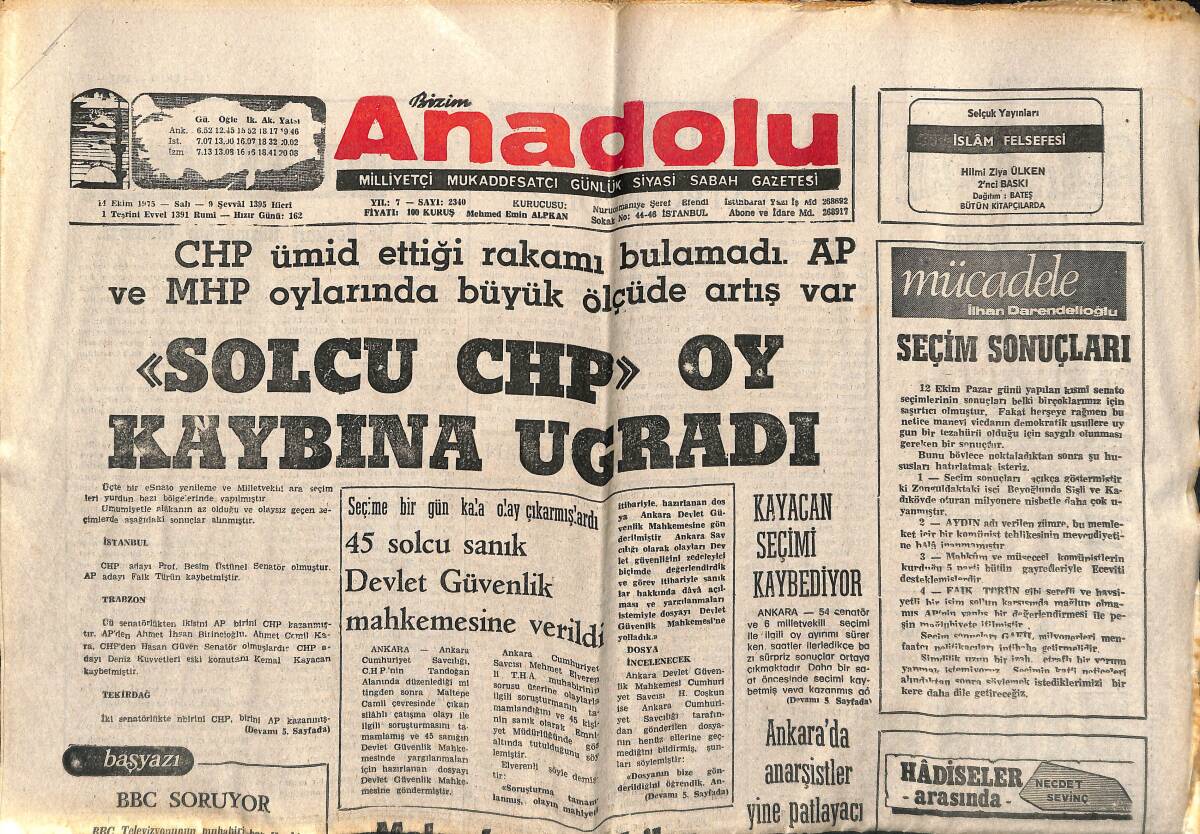 Bizim Anadolu Gazetesi 14 Ekim 1975 - Solcu CHP Oy Kaybına Uğradı - Makarios; Türk'ler Mutlaka Taviz Vermeli! GZ140629 - 1