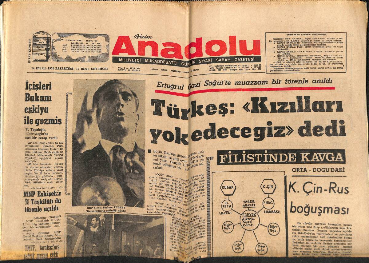 Bizim Anadolu Gazetesi 14 Eylül 1970 - Türkeş: Kızılları Yok Edeceğiz Dedi - 2. Kırkpınar'da Baş Pehlivan Aydın Demir GZ141035 - 1