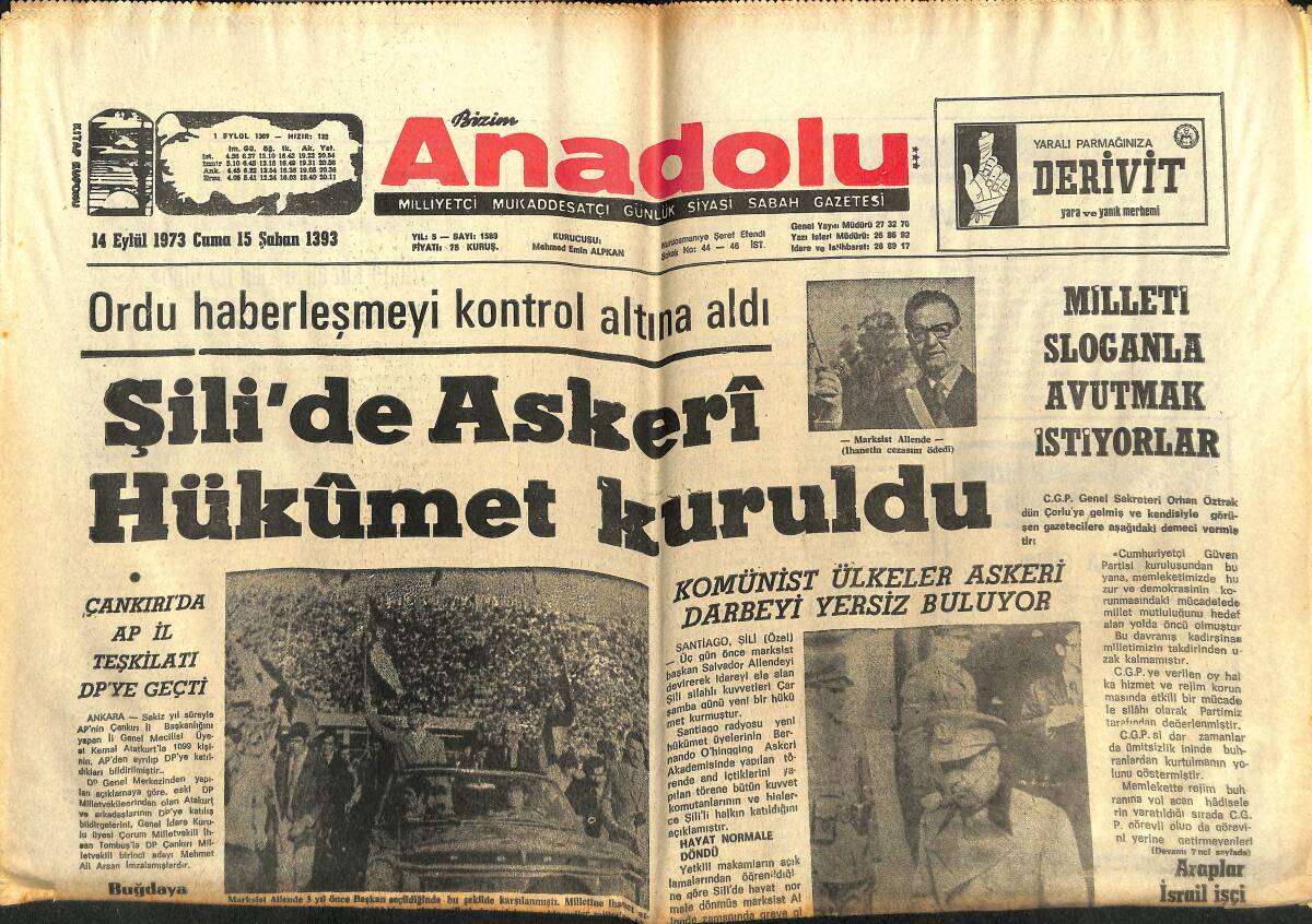 Bizim Anadolu Gazetesi 14 Eylül 1973 - Şili'de Askeri Hükümet Kuruldu - Saltanat Hayranları Hüsrana Uğrayacak! GZ140648 - 1