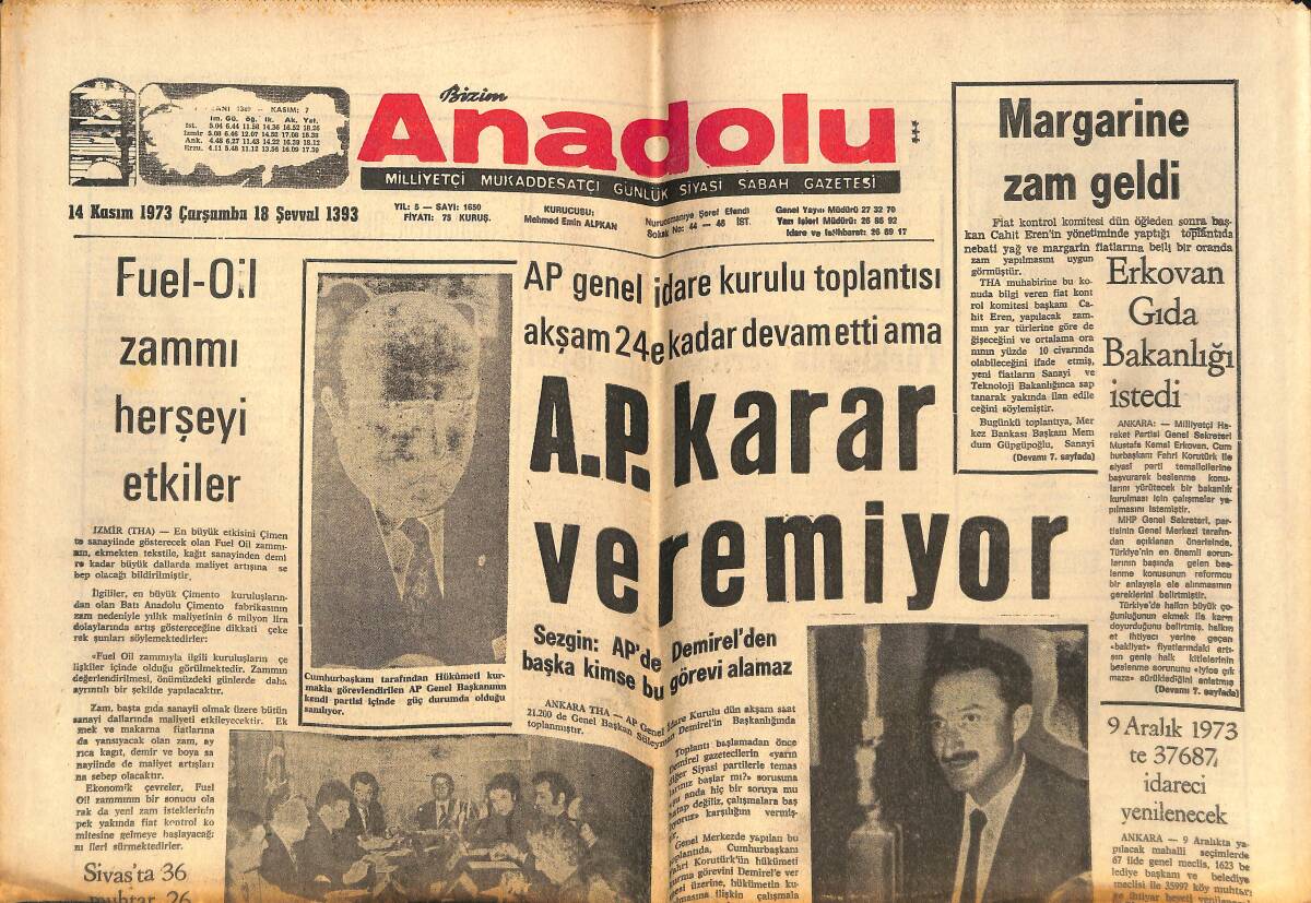 Bizim Anadolu Gazetesi 14 Kasım 1973 - Uçak Kaçıran Ruslar Mahkemeye Türk Bayrağı İle Girdi - Sezgin: AP'de Demirel'den Başka Kimse Bu Görevi Alamaz GZ141001 - 1