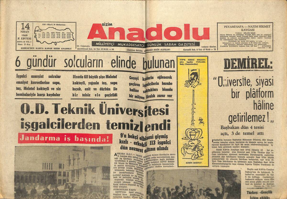Bizim Anadolu Gazetesi 14 Nisan 1969 - O. D. Teknik Üniversitesi İşgalcilerden Temizlendi - Galatasaray'ı Kaptan Metin Kurtardı GZ141044 - 1