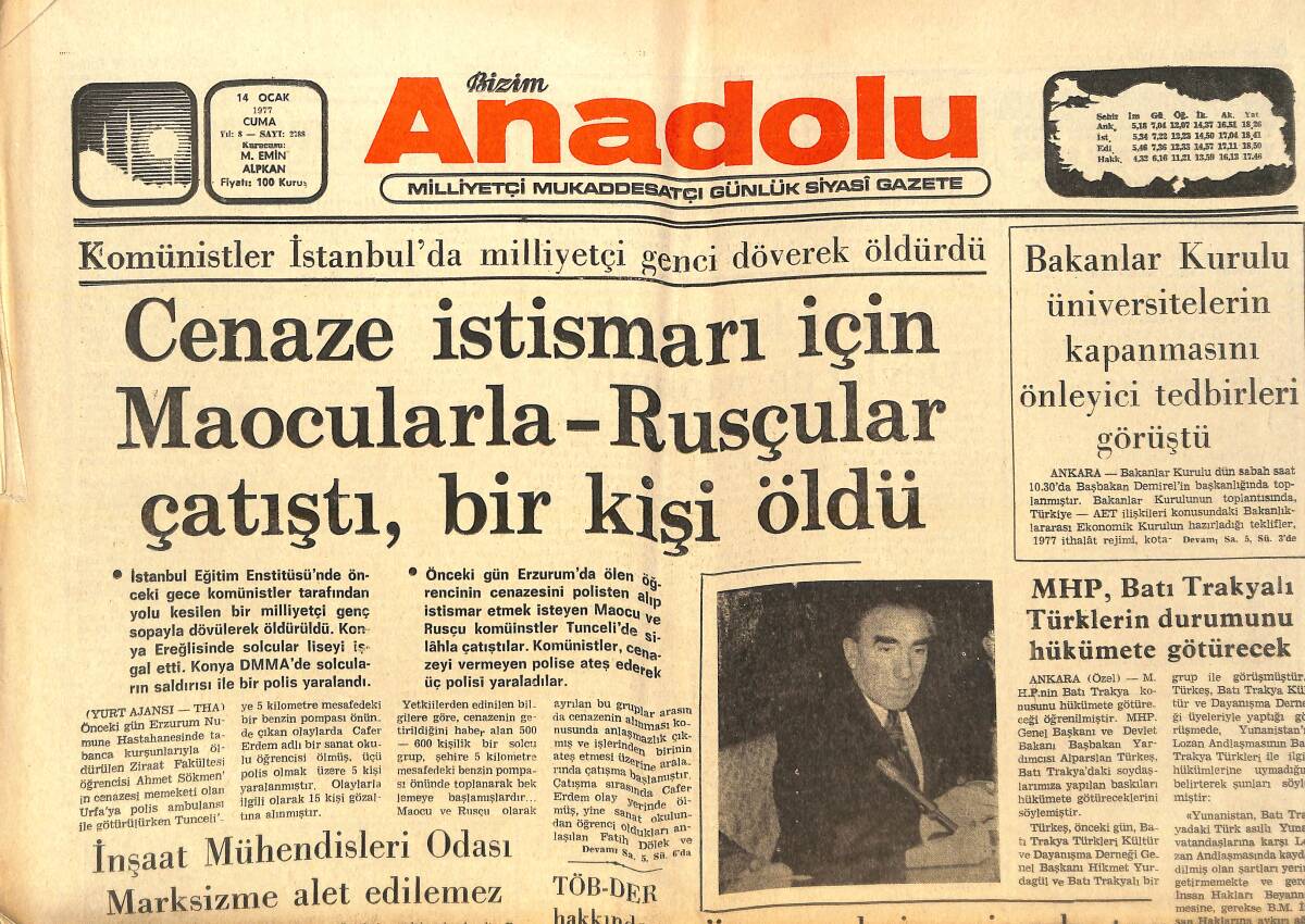 Bizim Anadolu Gazetesi 14 Ocak 1977 - MHP, Batı Trakyalı Türklerin Durumunu Hükümete Götürecek - İnşaat Mühendisleri Odası Marksizme Alet Edilemez GZ138866 - 1