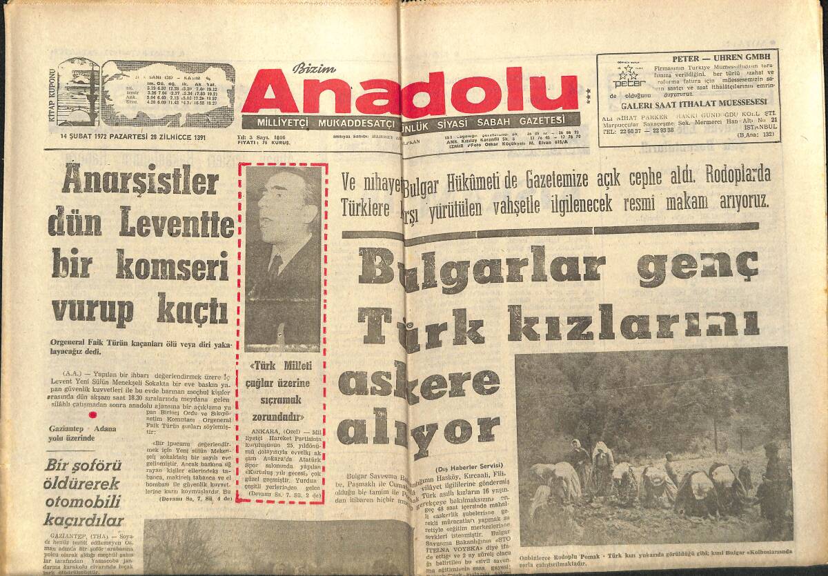 Bizim Anadolu Gazetesi 14 Şubat 1972 - Bulgarlar Genç Türk Kızlarını Askere Alıyor GZ140770 - 1