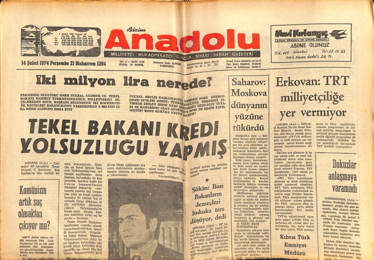 Bizim Anadolu Gazetesi 14 Şubat 1974 - Komünizm Suç Olmaktan Çıkıyor Mu - Kıbrıs Türk Emniyet Müdürü Tutuklandı GZ140746 - 1