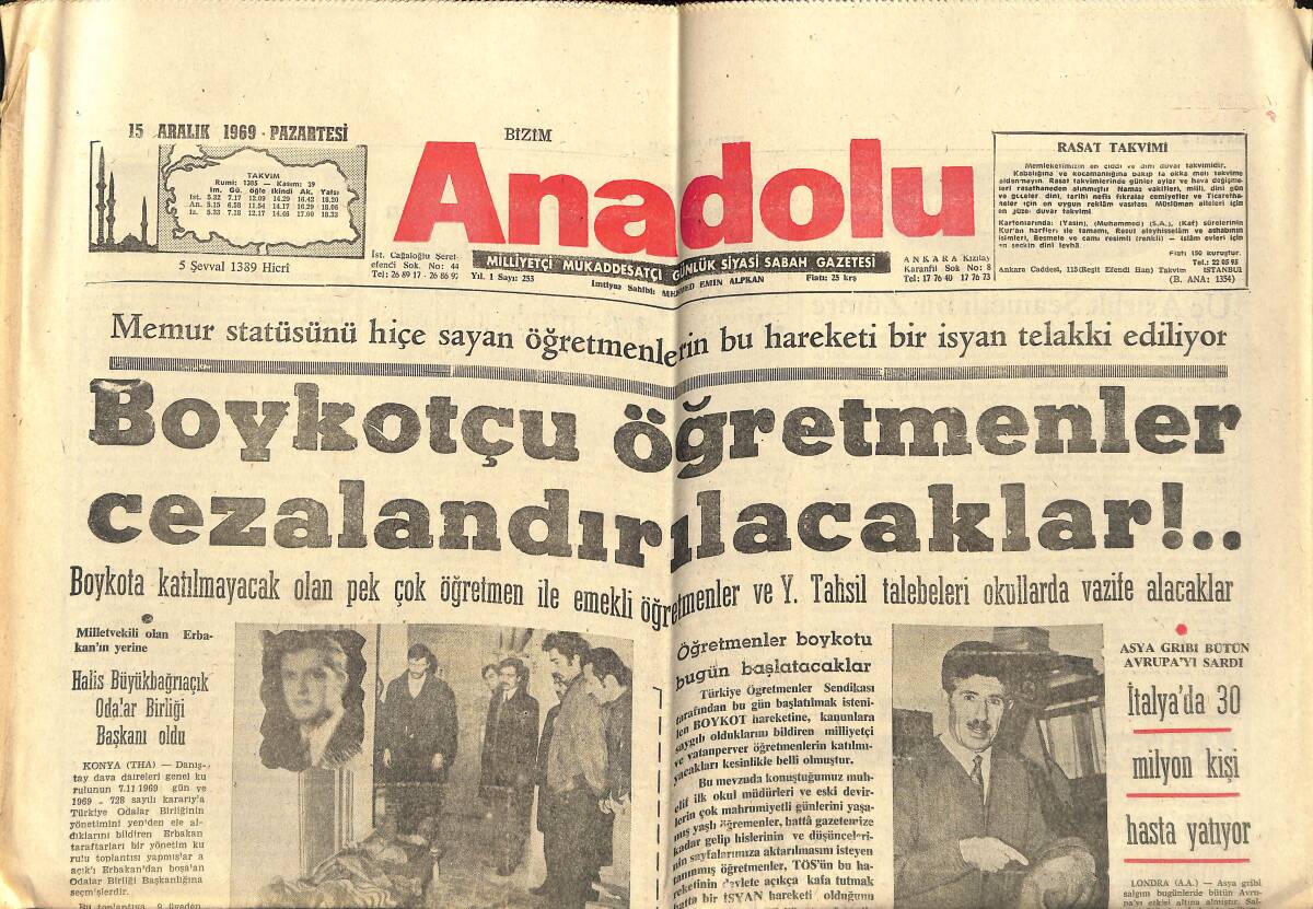 Bizim Anadolu Gazetesi 15 Aralık 1969 - Boykotçu Öğretmenler Cezalandırılacaklar - Cevdet Sunay Gidiyor - İngiltere, Libya'daki Üslerini Kapatıyor GZ140500 - 1
