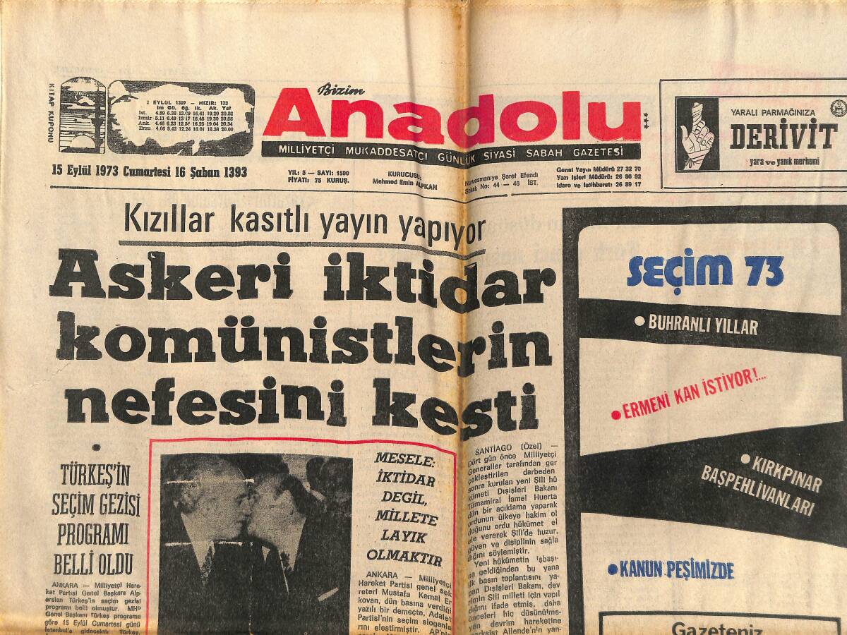 Bizim Anadolu Gazetesi 15 Eylül 1973 - Askeri İktidar Komünistlerin Nefesini Kesti - Boks Milli Takımı Bugün Rusya'ya Gidecek! GZ140646 - 1