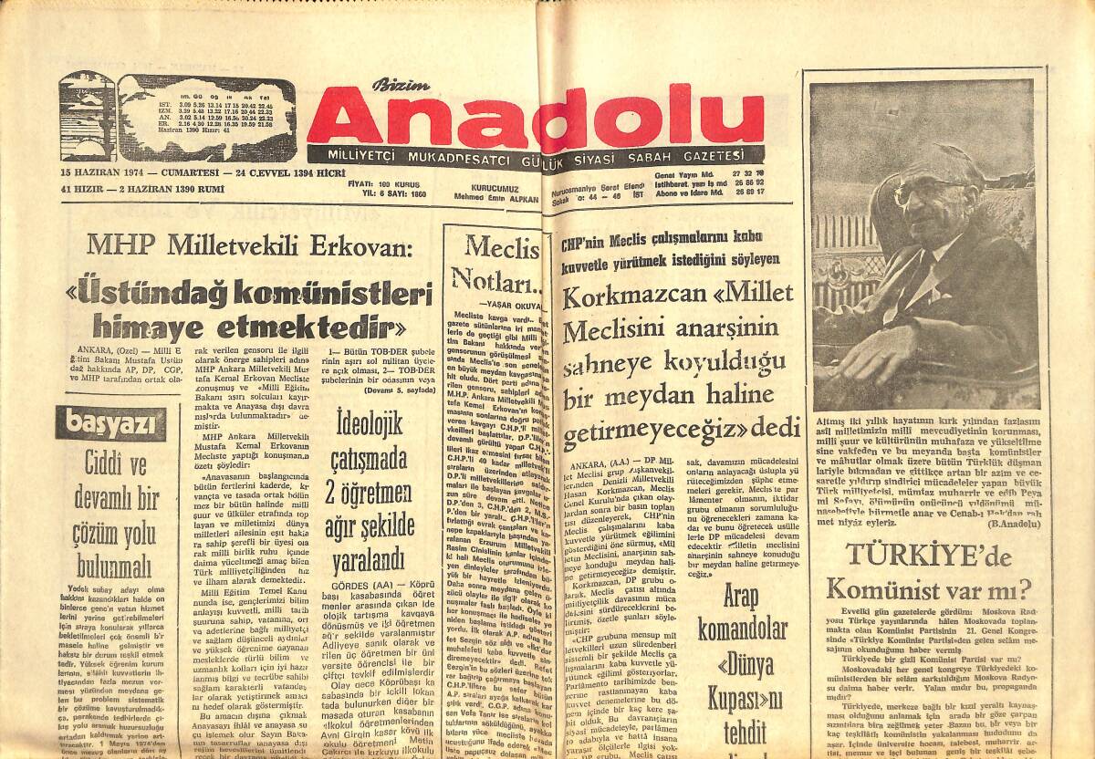 Bizim Anadolu Gazetesi 15 Haziran 1974 - Solcular Sahnede! - Üstündağ Komünistleri Himaye Etmektedir! GZ144146 - 1