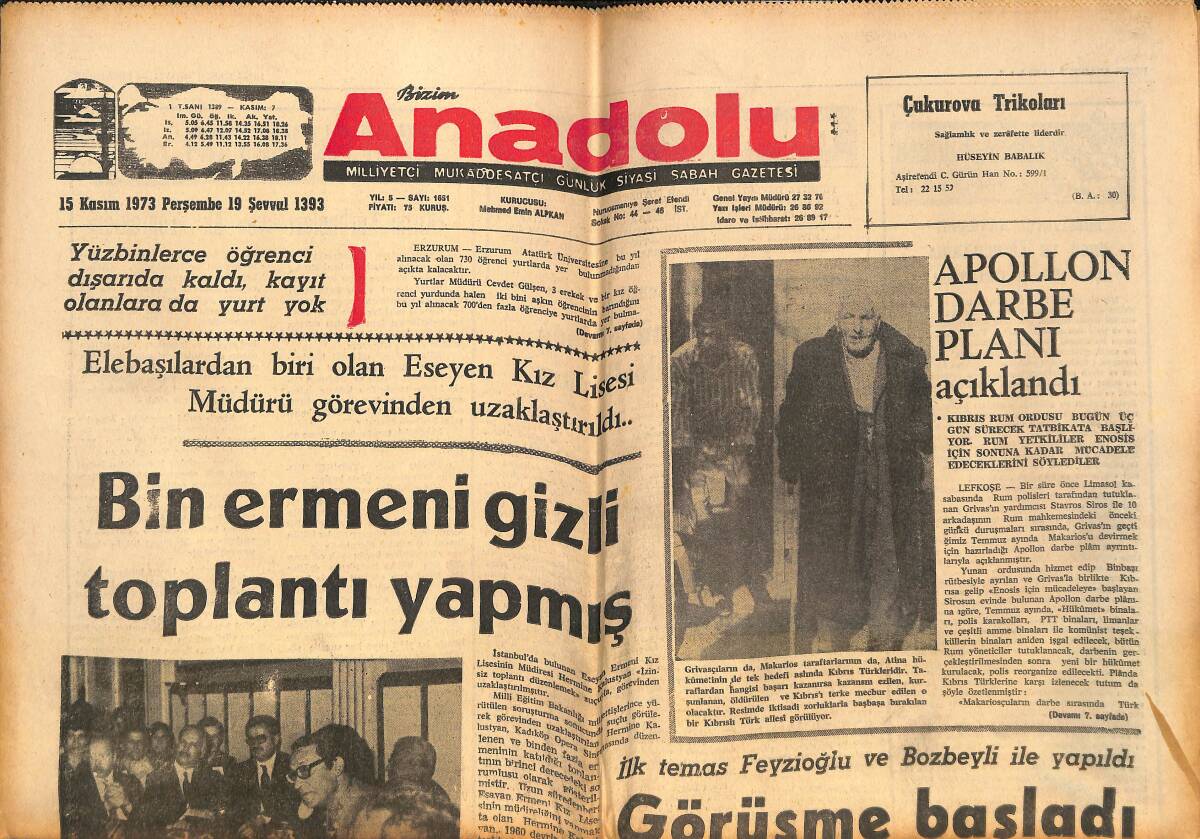Bizim Anadolu Gazetesi 15 Kasım 1973 - Apollon Darbe Planı Hazırladı -Yeni Bir İngiliz Arabası Piyasada GZ141002 - 1