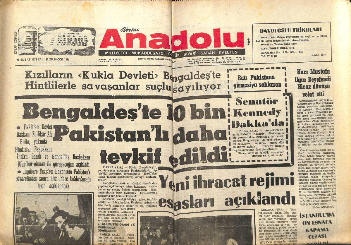 Bizim Anadolu Gazetesi 15 Şubat 1972 - Bengladeş'te 10 Bin Pakistan'lı Daha Tevkif Edildi GZ140769 - 1