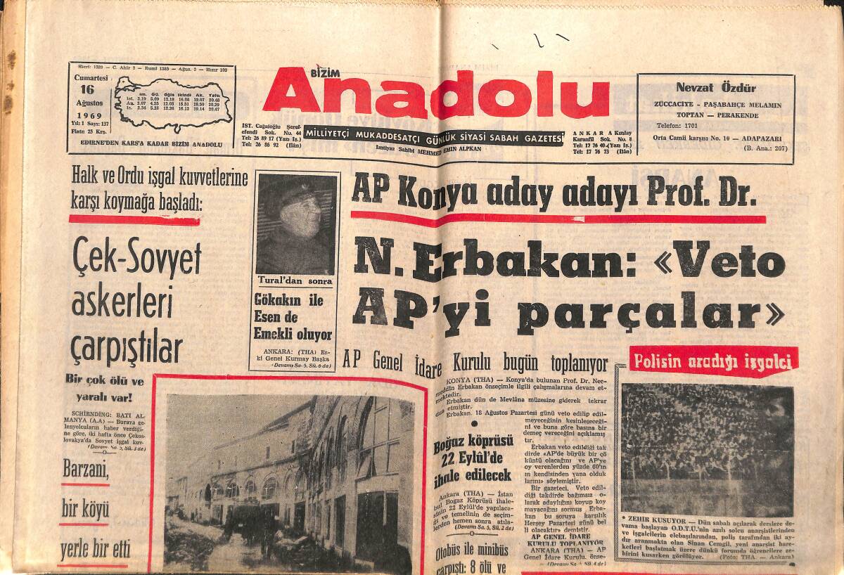 Bizim Anadolu Gazetesi 16 Ağustos 1969 - Barzani Bir Köyü Yerle Bir Etti - Türkiye'nin En Güçlü Sendikası Kuruldu GZ140981 - 1