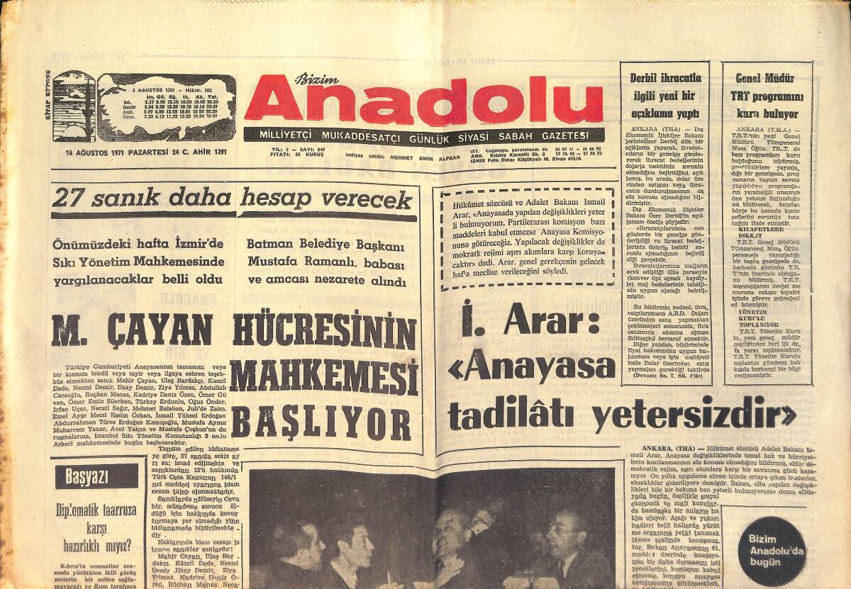Bizim Anadolu Gazetesi 16 Ağustos 1971 - En Büyük Kupayı Beşiktaş Kazandı - Hacı Bektaş Veli Anılıyor GZ158710 - 1