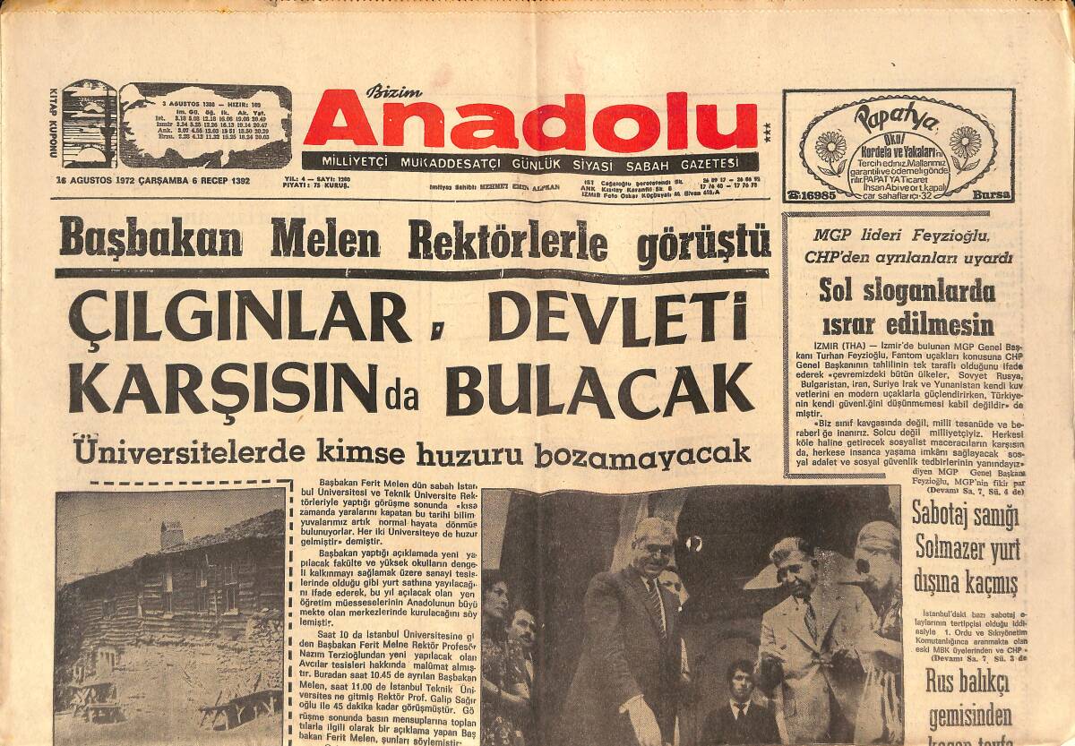 Bizim Anadolu Gazetesi 16 Ağustos 1972 - Sabotaj Sanığı Solmazer Yurt Dışına Kaçmış - Hollanda İşçilerimiz İçin Teminat Verdi GZ138927 - 1