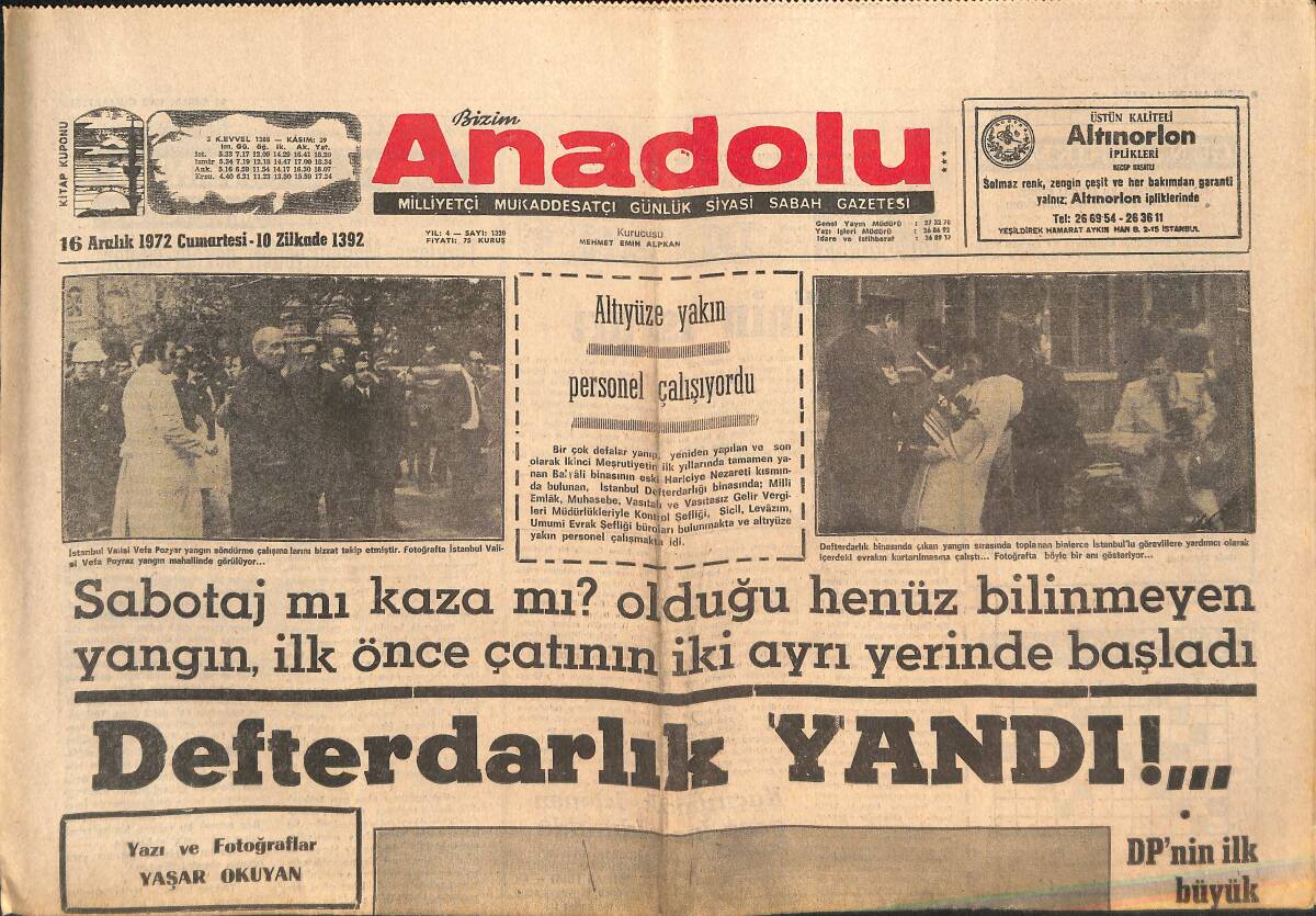 Bizim Anadolu Gazetesi 16 Aralık 1972 - Defterdarlık Yandı - Türkiye Gizli Komünist Partisi Kurmaktan Sanık 16 Kızıl Anarşist Mahkum Oldu GZ140843 - 1