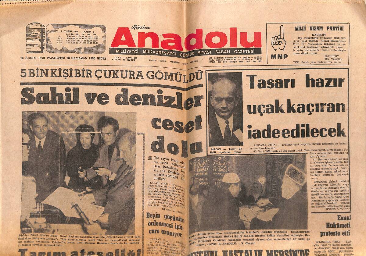 Bizim Anadolu Gazetesi 16 Kasım 1970 - Sahil Ve Denizler Ceset Dolu - Tasarı Hazır Uçak Kaçıran İade Edilecek GZ140997 - 1