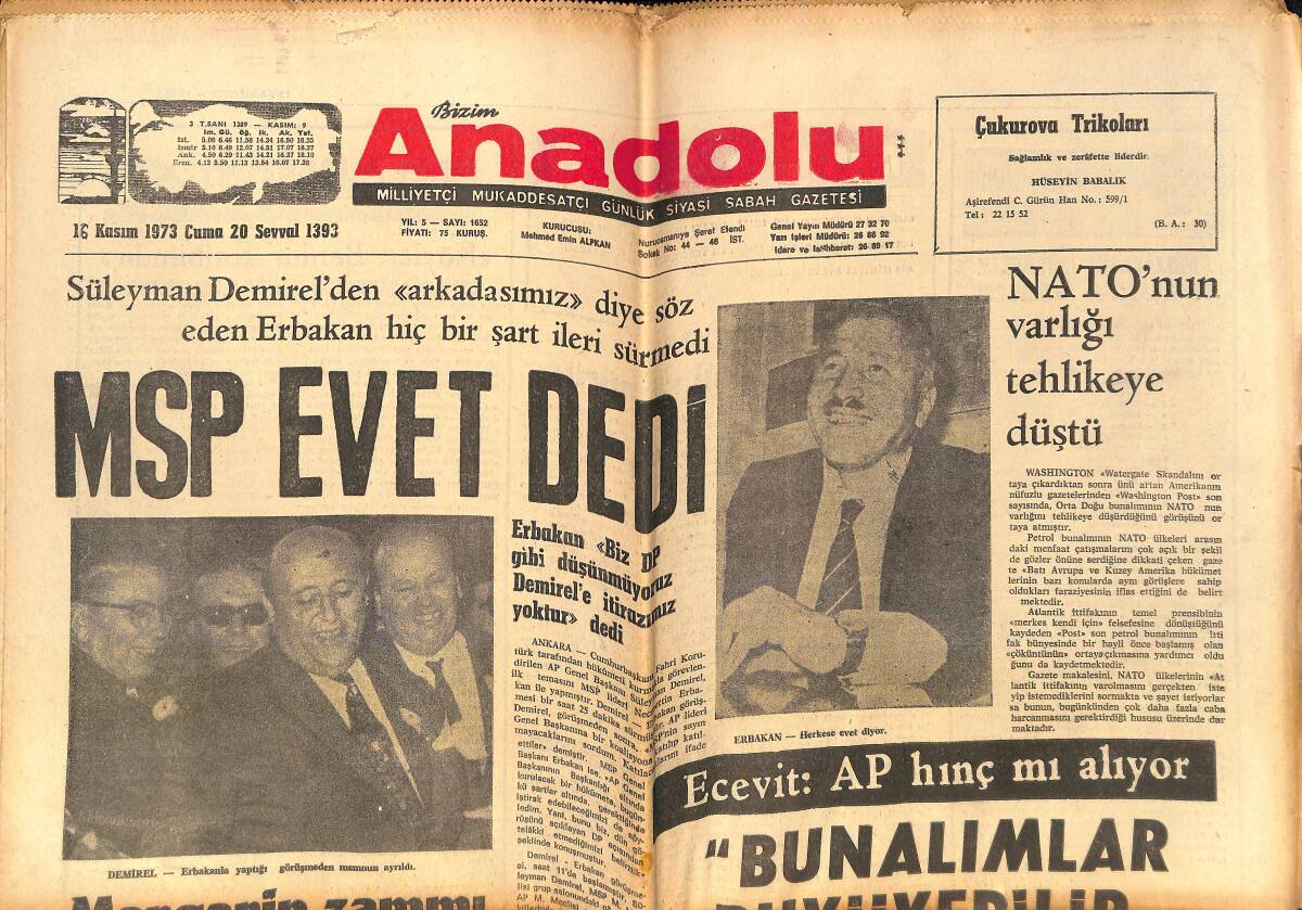 Bizim Anadolu Gazetesi 16 Kasım 1973 - NATO'nun Varlığı Tehlikeye Düştü - Nixon Bir Gangsterdir GZ141003 - 1