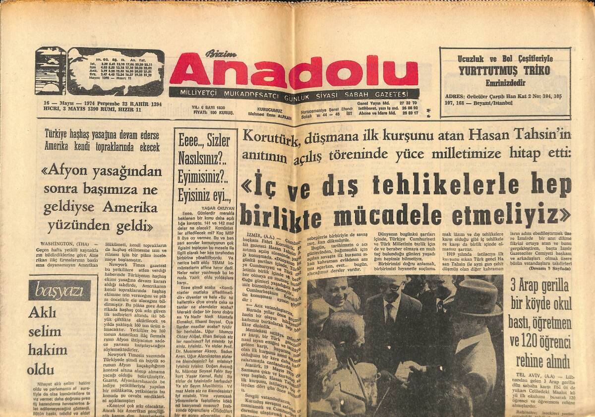 Bizim Anadolu Gazetesi 16 Mayıs 1974 - Osmanlı Hanedanı'na Mensup Erkekler Yurda Dönebilecek - Nixon'un Adalete Verilme İhtimali Artıyor GZ140726 - 1