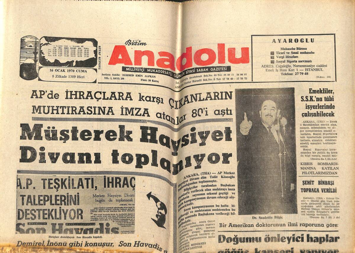 Bizim Anadolu Gazetesi 16 Ocak 1970 - Doğumu Önleyici Haplar göğüs Kanseri Yapıyor - İngiltere: Avrupa Birliği Gerçekleşemez GZ143299 - 1