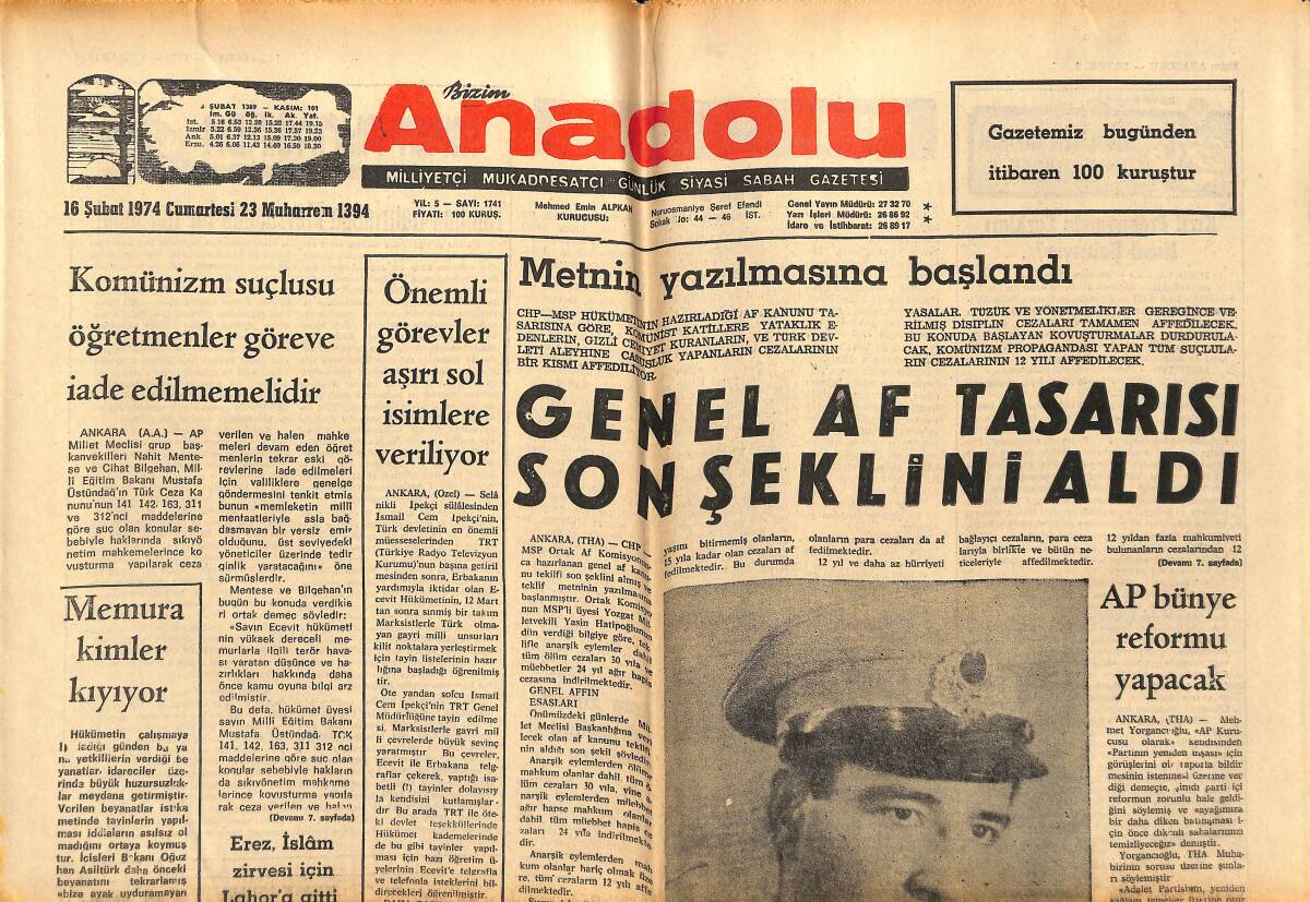Bizim Anadolu Gazetesi 16 Şubat 1974 - Önemli Görevler Aşırı Sol İsimlere Veriliyor - Rusya'da İfşaat Romanlarda Yapılıyor GZ140743 - 1