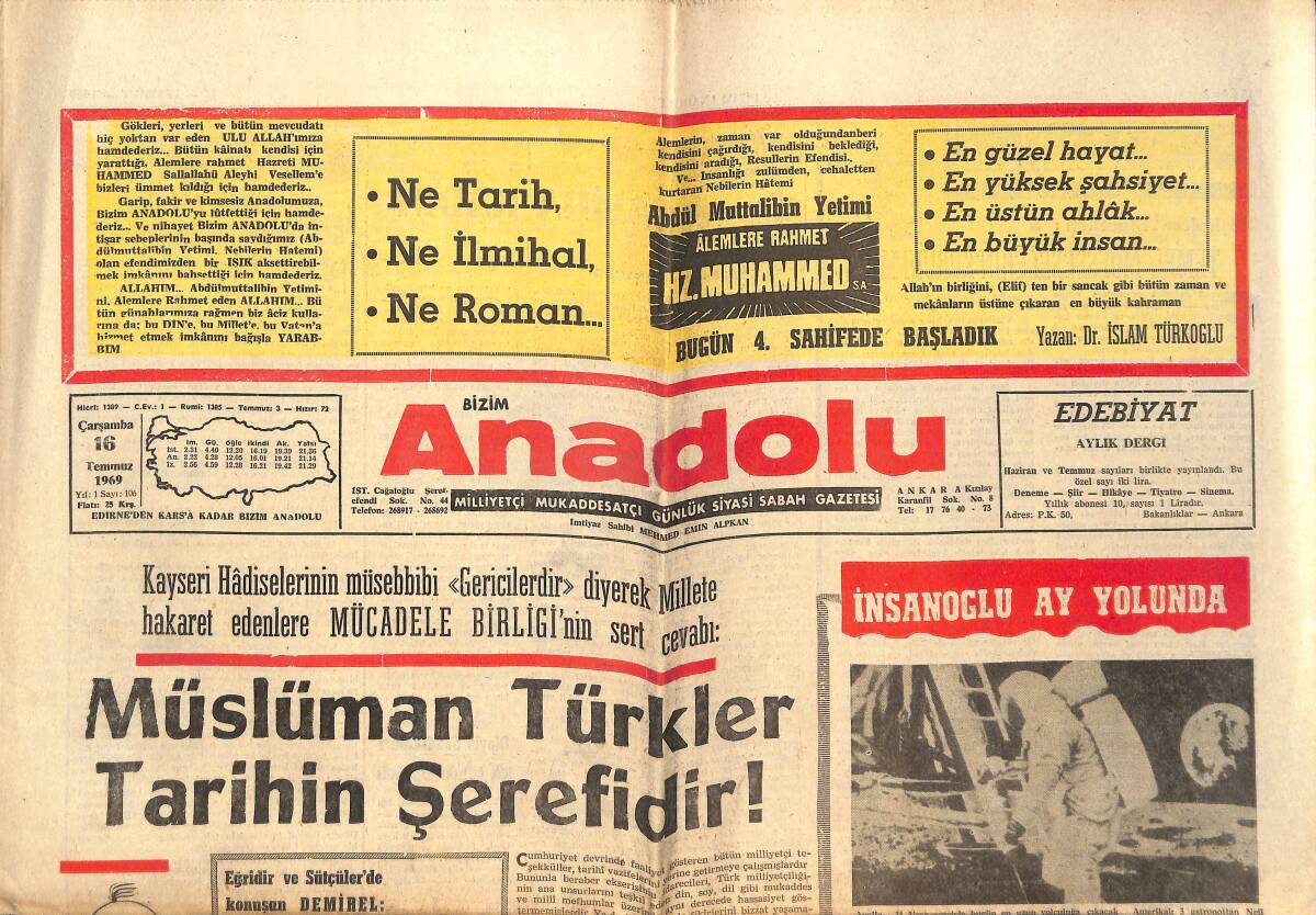 Bizim Anadolu Gazetesi 16 Temmuz 1969 - Müslüman Türkler Tarihin Şerefidir - İnsanoğlu Ay Yolunda GZ149396 - 1