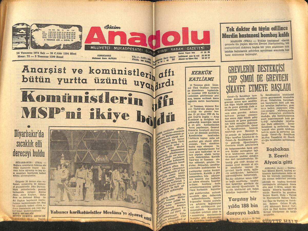 Bizim Anadolu Gazetesi 16 Temmuz 1974 - Yabancı Karikatüristler Mevlana'yı Ziyaret Etti - Büyük Sahra'da Su GZ148980 - 1