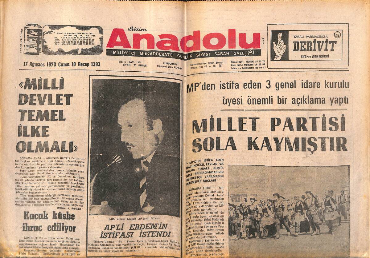Bizim Anadolu Gazetesi 17 Ağustos 1973 - Antalya'da 118300 Dekar Orman Yandı - Millet Partisi Sola Kaymıştır GZ140801 - 1
