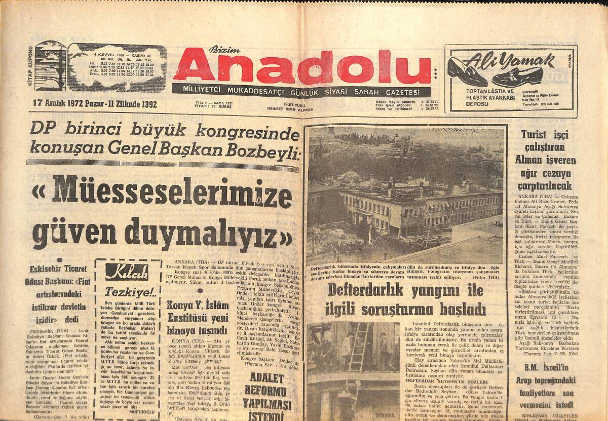 Bizim Anadolu Gazetesi 17 Aralık 1972 - Keban Barajı İnşaatı Geciktiği İçin 1974 Yılında Türkiye Karanlıkta Kalabilir GZ140844 - 1
