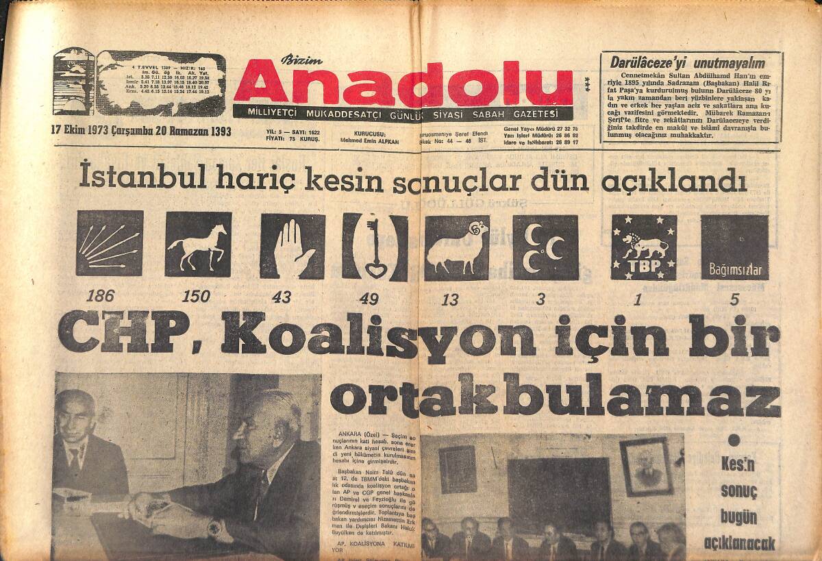 Bizim Anadolu Gazetesi 17 Ekim 1973 - Butto Türkiye'ye Geliyor - CHP , Koalisyon İçin Bir Ortak Bulamaz GZ141084 - 1