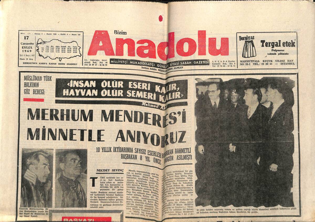 Bizim Anadolu Gazetesi 17 Eylül 1969 - Merhum Menderes'i Minnetle Anıyoruz - THY'na Ait Seç Yolcu Uçağı Bulgaristan'a Kaçırıldı GZ140734 - 1
