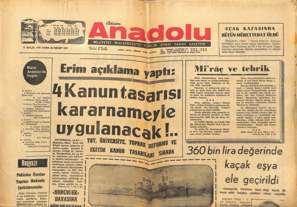 Bizim Anadolu Gazetesi 17 Eylül 1971 - Pakistan Üzerine Yapılan Maksatlı Spekülasyonlar - M. Ali Clay Fraizer'e Üç Büyük Maçla Hazırlanacak GZ138949 - 1