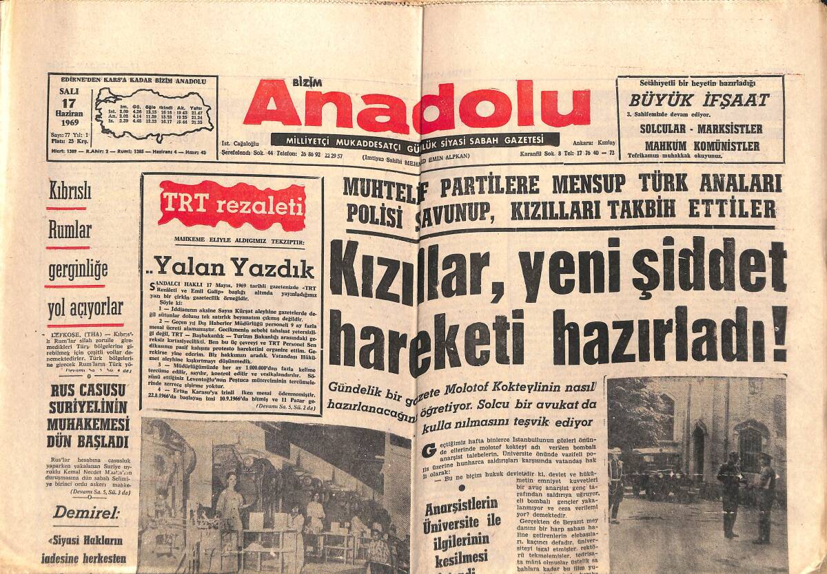 Bizim Anadolu Gazetesi 17 Haziran 1969 - Kıbrıslı Rumlar Gerginliğe Yol Açıyorlar - Nazmi Uzun Türkiye Başpehlivanı GZ140994 - 1