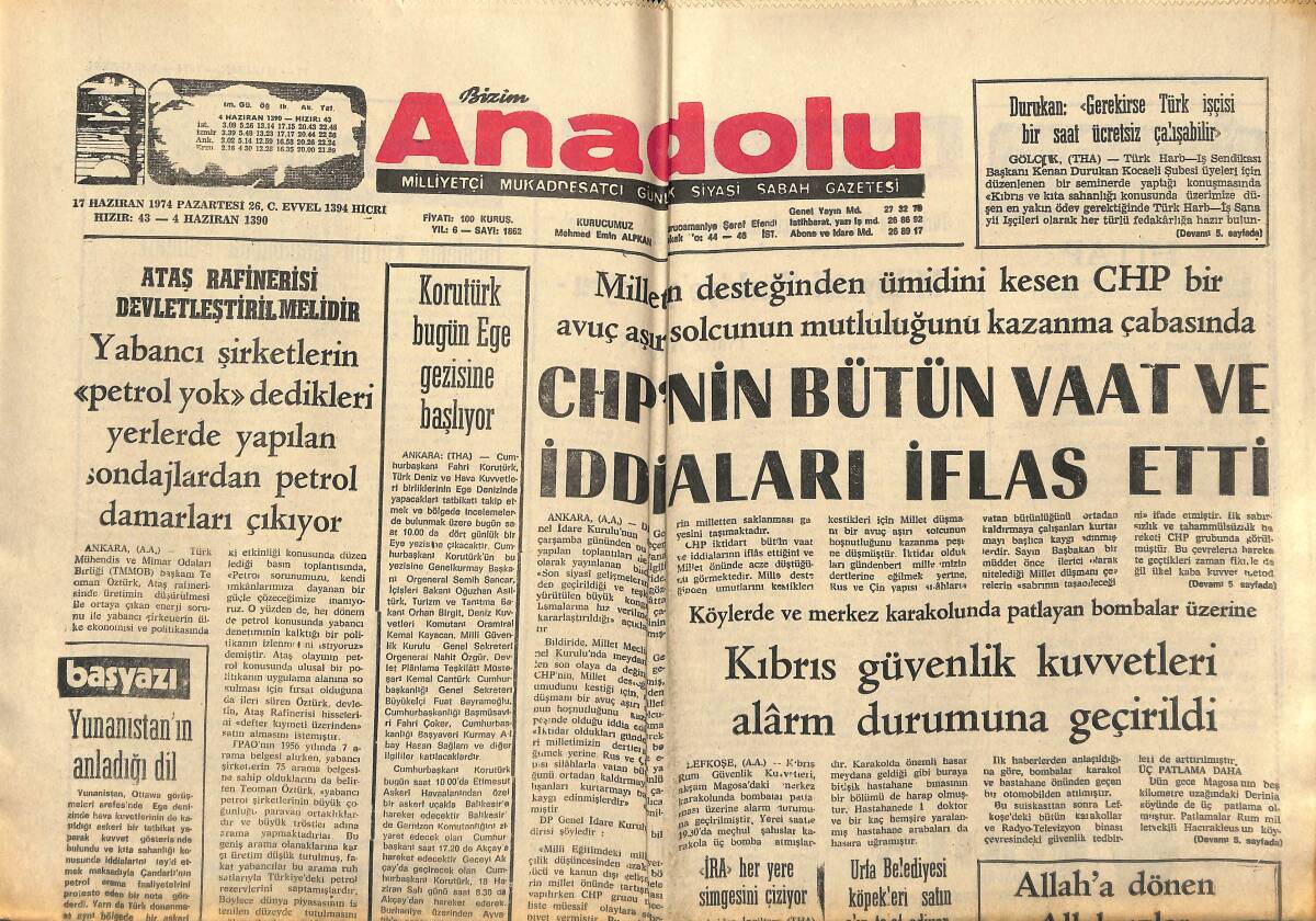 Bizim Anadolu Gazetesi 17 Haziran 1974 - CHP'nin Bütün Vaat Ve İddiaları İflas Etti - Trabzon'da Ete Zam Geldi GZ140774 - 1