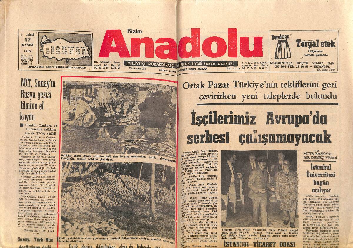 Bizim Anadolu Gazetesi 17 Kasım 1969 - MİT, Sunay'ın Rusya Gezisi Filmine El Koydu - İstanbul Ticaret Odası Masonlardan Alınacak GZ140979 - 1